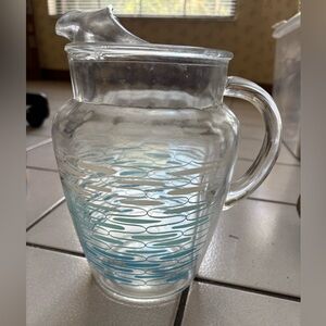 RARE Vintage Anchor Hocking Glass Pitcher with Atomic Blue & White Pattern